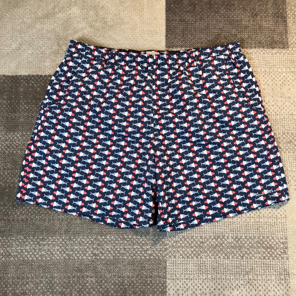 Columbia Mens XXL Shark Print Swim Trunks Navy Blue Red White 8 Inch Inseam